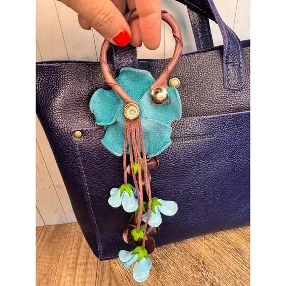 Leather Rose Purse Charm Genuine Leather Blue Flower Bag Charm NEW FAST SHIP - Picture 3 of 3